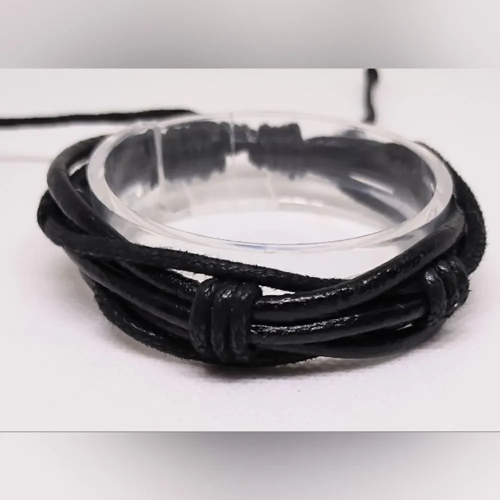 Men's bracelet leather‎ layered black new e38